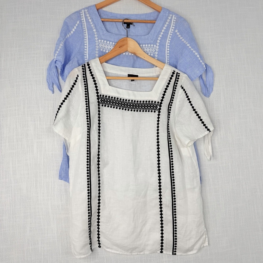 Bundle Talbots Women's Top 100% Linen White Blue Boho Embroidered Tie Sleeves M